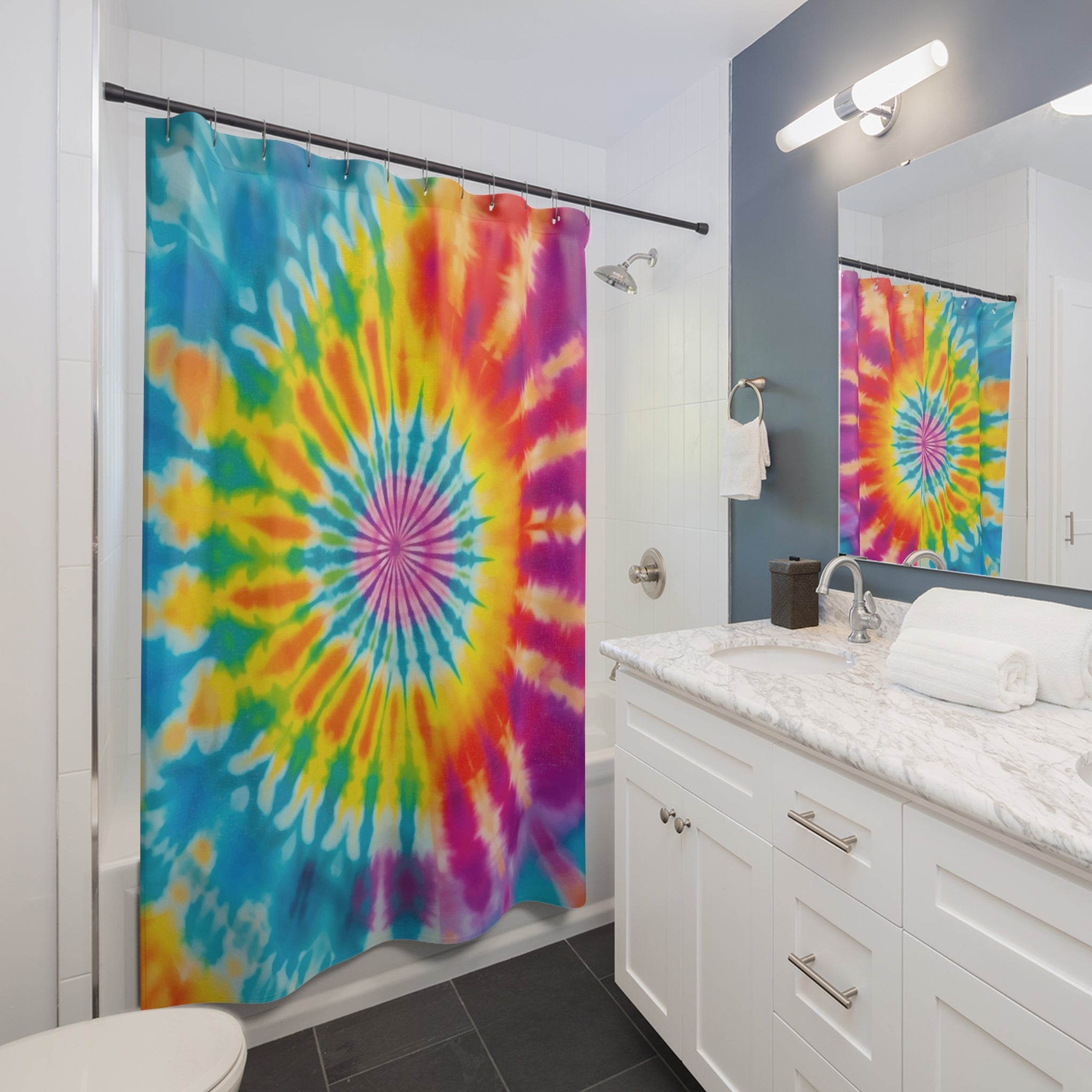 Tie-Dye Spiral Shower Curtain — Colorful Retro Bathroom Decor